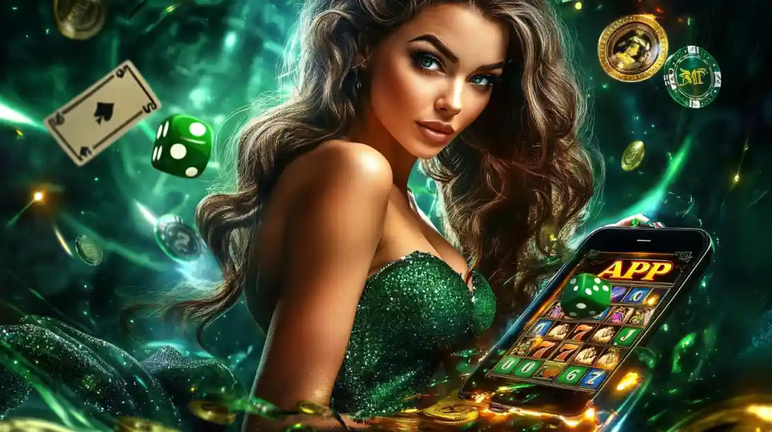 An enchanting woman with flowing hair, adorned in green, gazes captivatingly, surrounded by floating cards, dice, and coins, alongside a smartphone featuring the bgd55 gaming app.