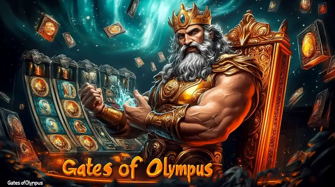 A majestic Zeus figure on a golden throne, surrounded by floating cards and a bgd55 slot machine, with Gates of Olympus prominently displayed, inviting players to a mythical gaming experience.