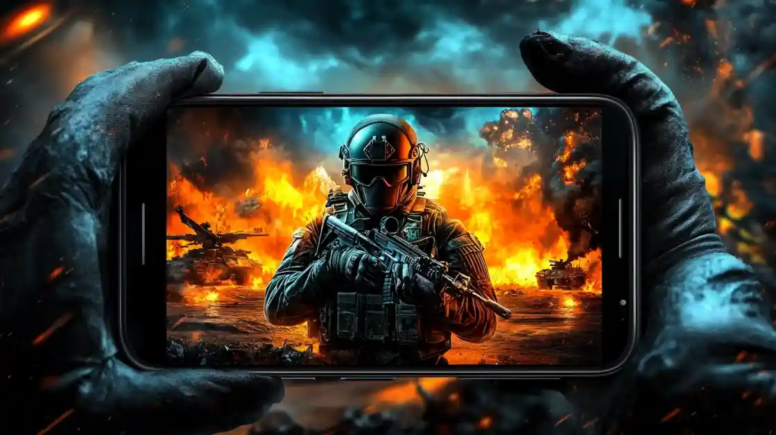 Hands holding a smartphone displaying an intense military shooter game with a soldier amidst explosions and tanks, showcasing the immersive action available on bgd55.