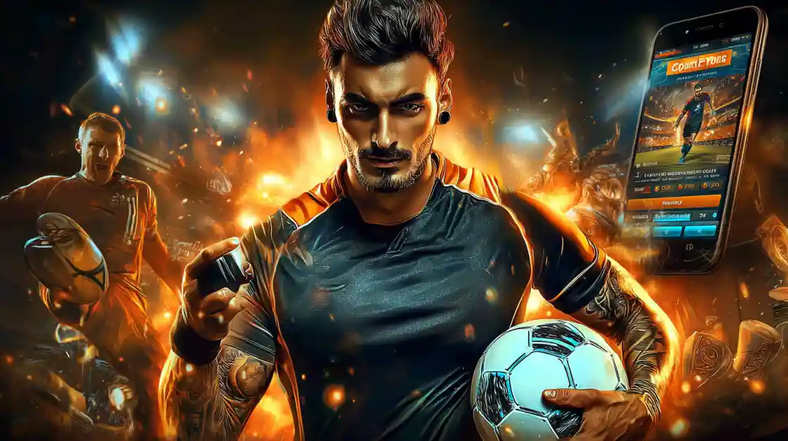 An intense male soccer player with tattoos holds a football, looking confidently at the camera with a bgd55 sports betting app on a phone beside him, all set against a fiery action background.