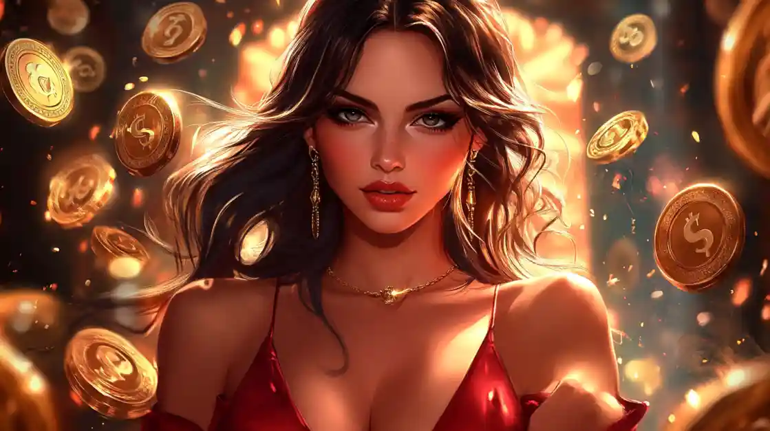 A stunning woman in a red dress, adorned with delicate jewelry, looks directly at the viewer as a shower of golden bgd55 coins rains down around her, symbolizing big wins.