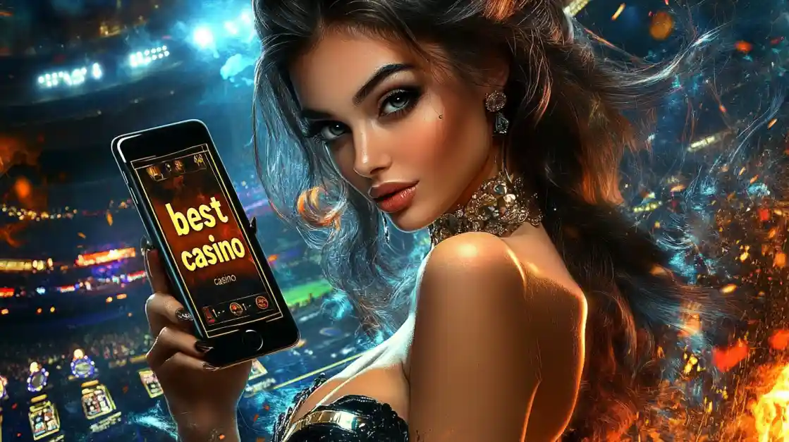An alluring woman holds a smartphone with the best casino app from bgd55 glowing on the screen, set against the backdrop of a brightly lit stadium and ambient flames.