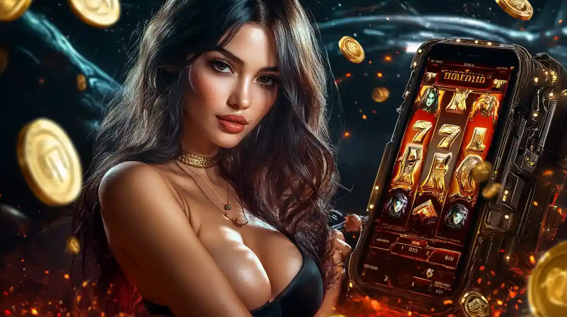 A beautiful woman in a black top looks confidently at the viewer while holding a smartphone displaying a bgd55 mobile slot game with 777 symbols and golden coins.