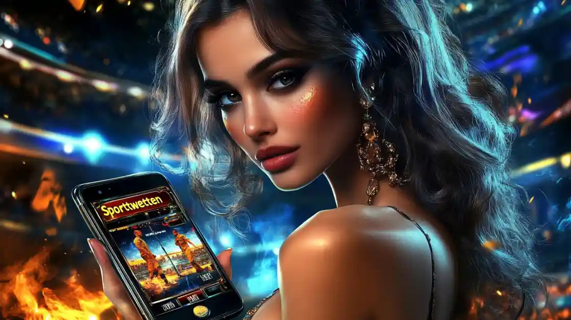 A glamorous woman with elegant makeup looks over her shoulder, holding a smartphone displaying the bgd55 sports betting app against a vibrant stadium backdrop with fire effects.